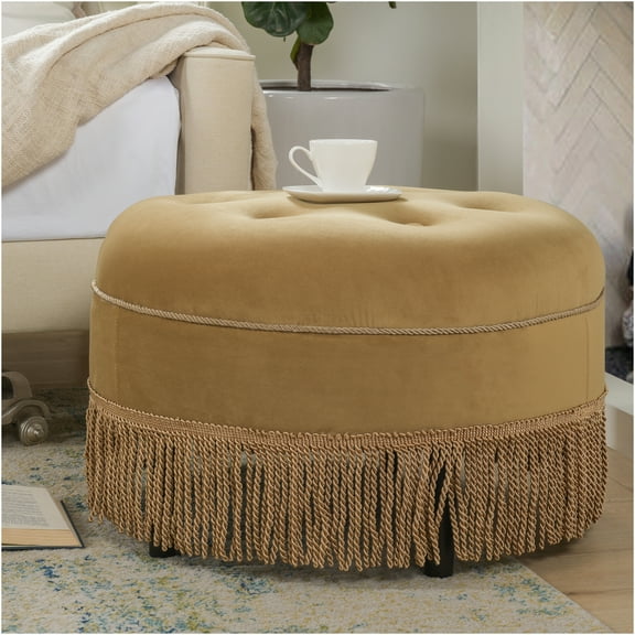 JERFIT Gold Yellow Velvet Ottoman with Tassel Fringe, Round Button Tufted Accent Stool for Living Room Bedroom