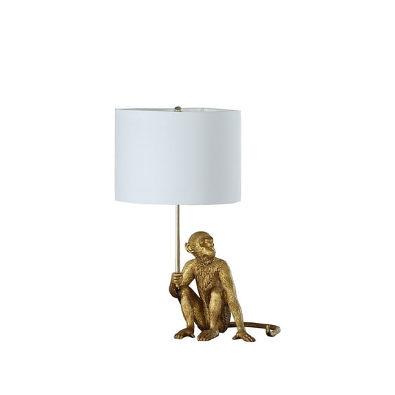 JERFIT Golden Monkey Table Lamp with Drum Shade, Polyresin Figurine Accent Light for Living Room, Bedroom, or Office