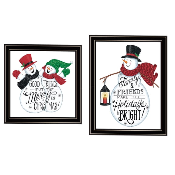 JERFIT Good Friends Snowman Framed Wall Art Set of 2, Multicolor Winter Themed Wood Frame Print for Living Room, Bedroom & Home Decor