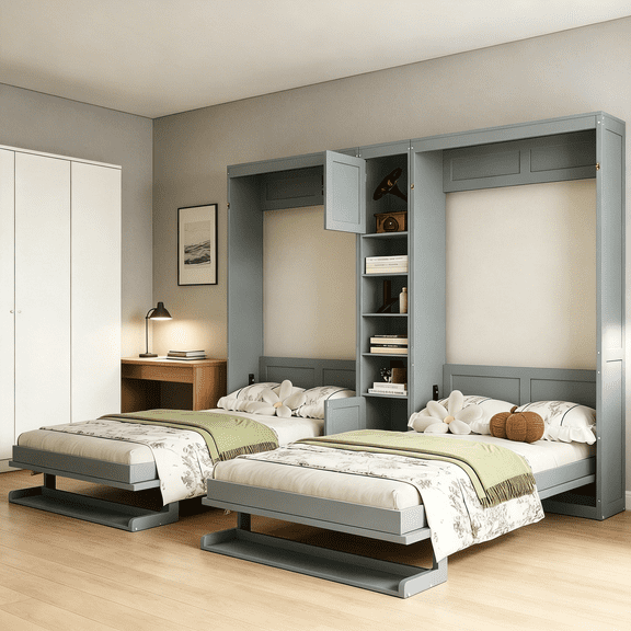 JERFIT Gray Dual Twin Wall Murphy Bed with Storage Cabinets and Shelves, Space Saving Folding Bed Unit for Guest Room, Apartment, Studio