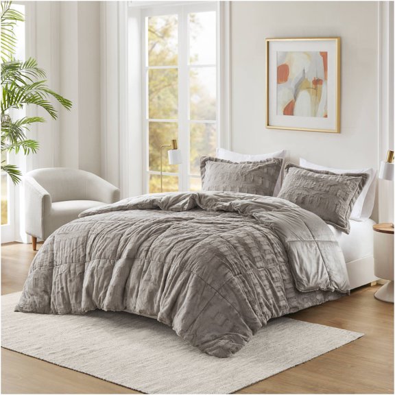 JERFIT Gray Faux Fur Full Queen Comforter Mini Set 3 Pieces for Bedroom Refresh
