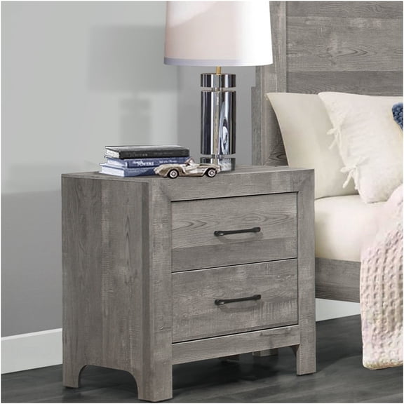 JERFIT Gray Nightstand with 2 Drawers, Transitional Rustic Bedside Table for Bedroom, Faux Wood Veneer Finish, No Assembly Required