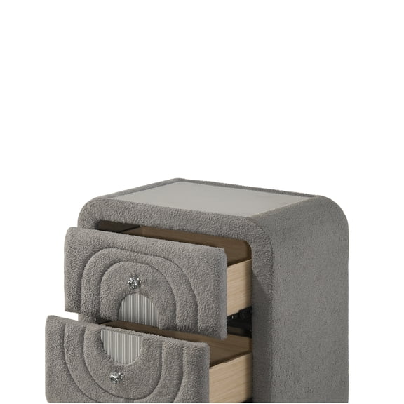 JERFIT Gray Nightstand with Glass Top, Teddy Sherpa Upholstery and Chrome Crystal Knobs, Small Bedside Table with Drawer