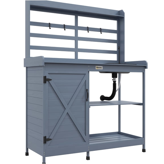 JERFIT Gray Potting Bench with Sink & Faucet, Wooden Garden Workstation with Storage Cabinet, Shelves for Backyard, Patio, Balcony Planting Table
