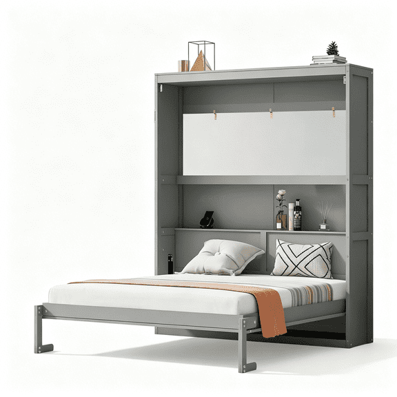 JERFIT Gray Queen Murphy Bed with Bookshelves, Space Saving Wall Bed Cabinet, Solid Wood Fold Down Bed for Guest Room & Home Office