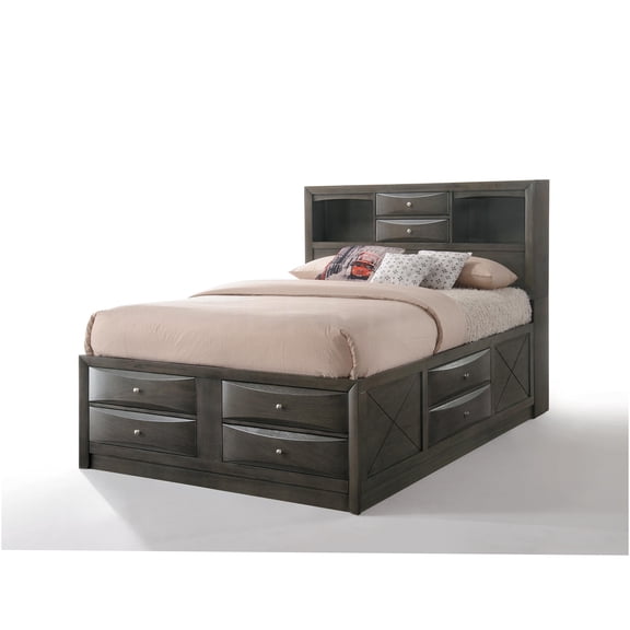 JERFIT Gray Storage Bed Platform with 8 Drawers, Oak Finish Wood Frame, No Box Spring Needed