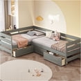 thumbnail image 1 of JERFIT Gray Twin L-Shaped Storage Platform Bed Frame with Drawers, No Box Spring Needed, Space-Saving Design for Bedroom, 1 of 10
