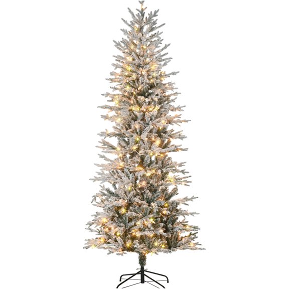 JERFIT Green 7.5ft Snow Flocked Prelit Artificial Christmas Tree with 350 Warm Lights and Auto Open Base