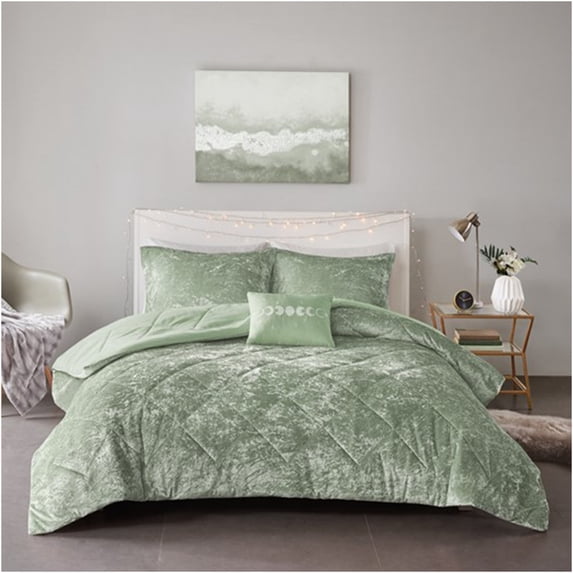 JERFIT Green Crushed Velvet Comforter Set Queen Full, Diamond Quilted Bedding Set with 2 Shams & Decorative Pillow, Hypoallergenic Polyester Microfiber