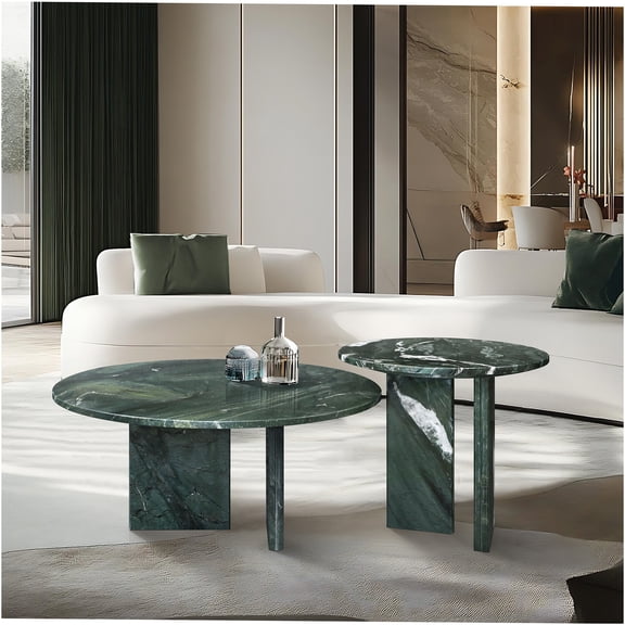 JERFIT Green Marble Coffee Table Set with Metal Base, 2-Piece Round Nesting Tables for Living Room, Natural Stone Accent Furniture