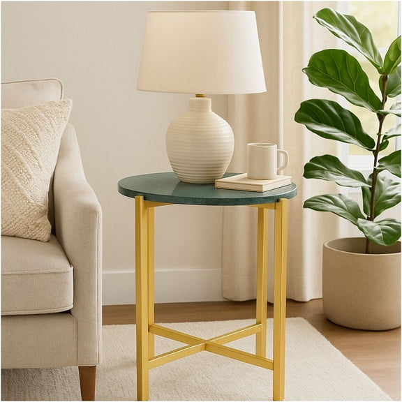 JERFIT Green Marble End Table, 21 Inch Tall Accent Table with Gold Metal Legs for Living Room, Bedroom, Dorm