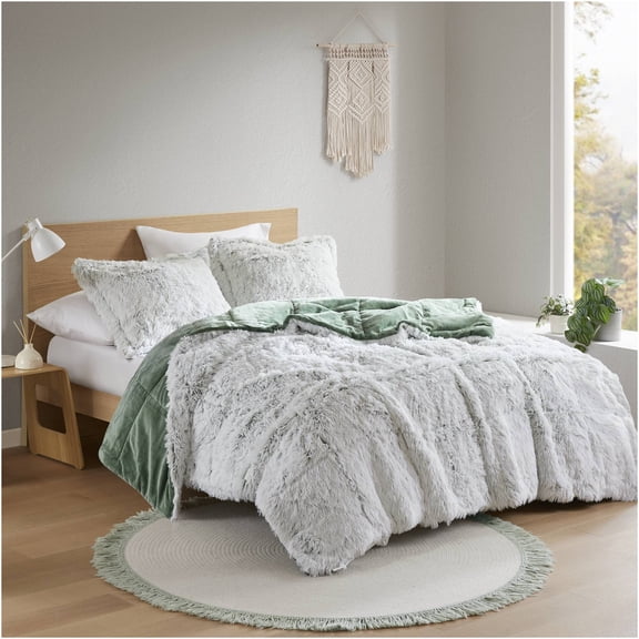 JERFIT Green and White Shaggy Faux Fur Twin and Twin XL Comforter Mini Set for Bedroom Decor