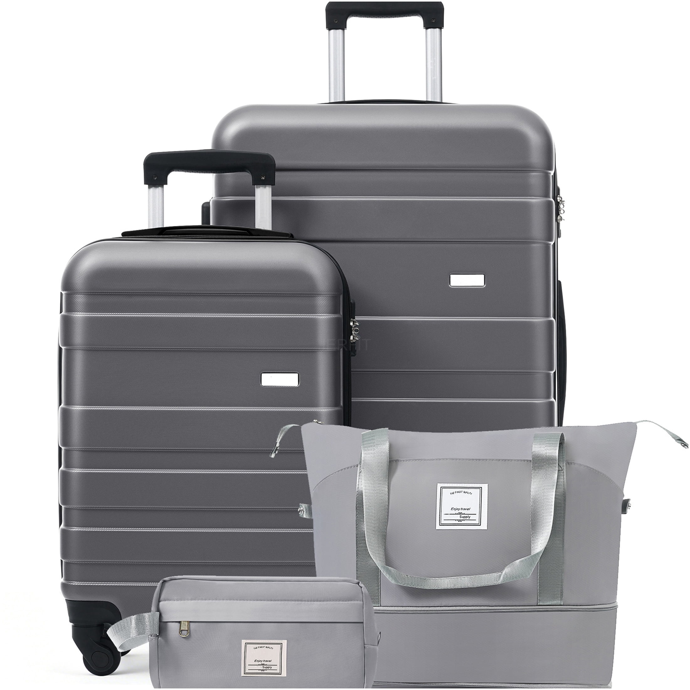 JERFIT Grey 4-Piece Luggage Set with TSA Locks, Spinner Wheels Carry On Suitcase, Checked Luggage, Duffel & Toiletry Bag for Travel