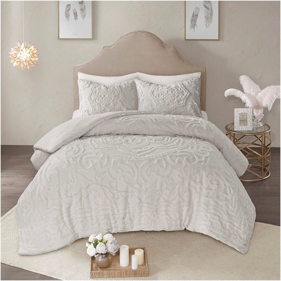 JERFIT Grey Boho Chic Cotton Chenille Comforter Set with Medallion Design, All-Season Full Queen Bedding Set
