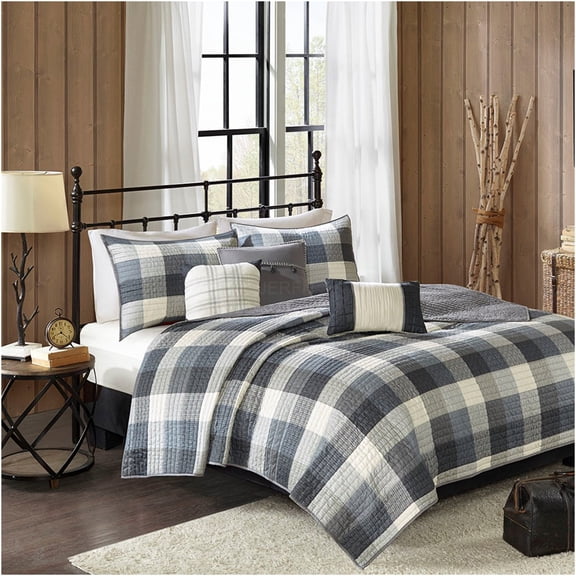 JERFIT Grey Buffalo Plaid Quilt Set 6-Piece Full/Queen Bedding Set with Decorative Pillows, Reversible Herringbone Design, Lodge Farmhouse Style