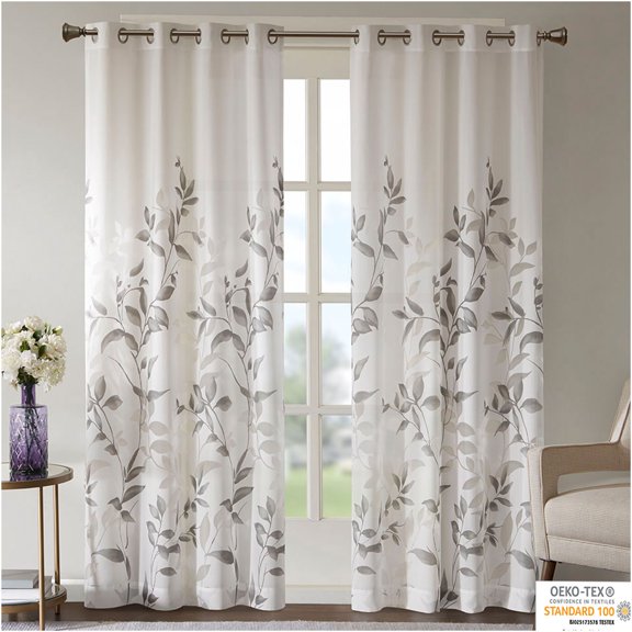 JERFIT Grey Burnout Floral Curtain Panel 50x84 Inch, Modern Semi-Sheer Window Drapes with Grommets, OEKO-TEX Certified Botanical Design for Living Room Bedroom