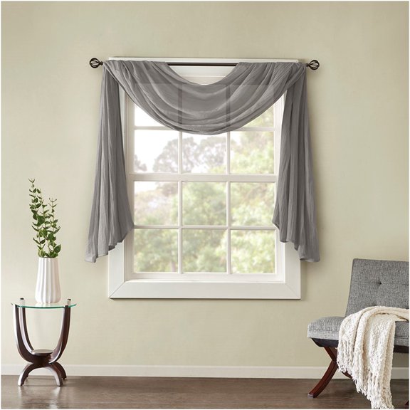 JERFIT Grey Crushed Sheer Window Scarf Valance, 42x144 Inch Lightweight Polyester Drape for Decorative Curtain