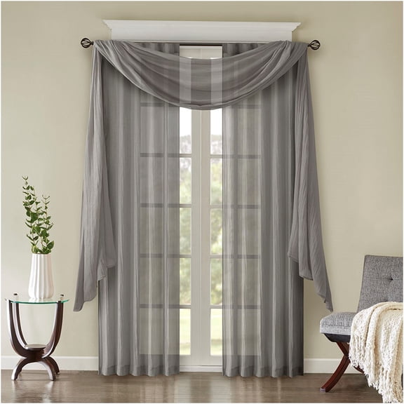 JERFIT Grey Crushed Sheer Window Scarf Valance, 42x216 Inch Lightweight Polyester Drape for Decorative Curtain