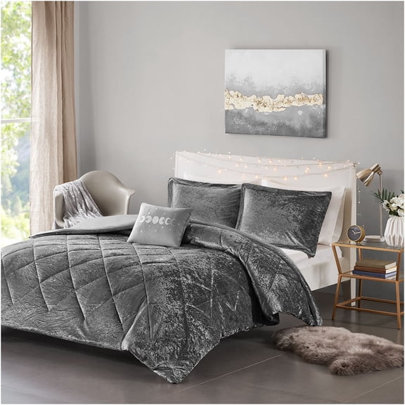 JERFIT Grey Crushed Velvet Duvet Cover Set with Pillow Sham, Diamond Quilted Twin Size Bedding Set, Soft Microfiber Reverse, Button Closure & Ties