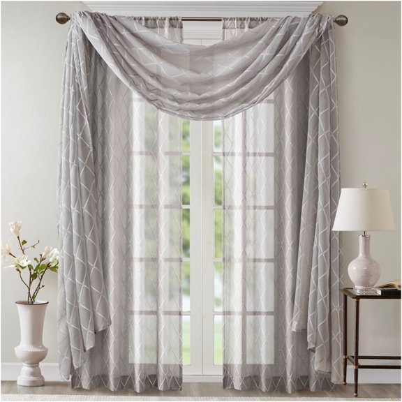 JERFIT Grey Diamond Embroidered Window Scarf, Sheer Voile Valance for Decor, 50x144 Inch