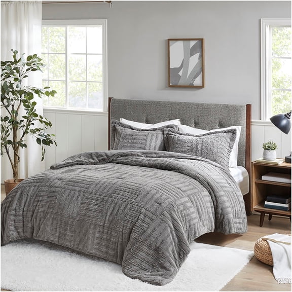 JERFIT Grey Faux Fur Comforter Set Queen Full, Checkerboard Pattern Down Alternative Bedding, Hypoallergenic & OEKO-TEX Certified