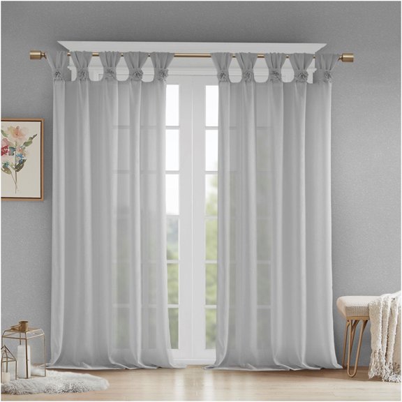 JERFIT Grey Faux Linen Curtain Panel with Floral Applique, Tab Top Window Treatment for Living Room Bedroom, 50x84 Inch, 1 Panel