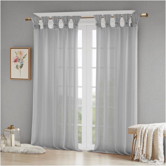 JERFIT Grey Faux Linen Curtain Panel with Floral Embellishments, Tab Top Sheer Window Treatment for Living Room, 50" W x 63" L, 1 Panel
