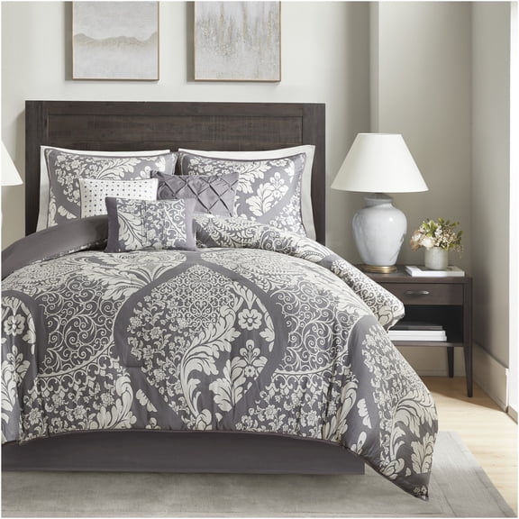 JERFIT Grey King Bedding Set 7-Piece Damask Print Comforter with Decorative Pillows & Bed Skirt, OEKO-TEX Certified 100% Cotton Sateen