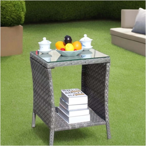 JERFIT Grey PE Rattan Outdoor Coffee Table with Tempered Glass Top for Patio Garden Poolside