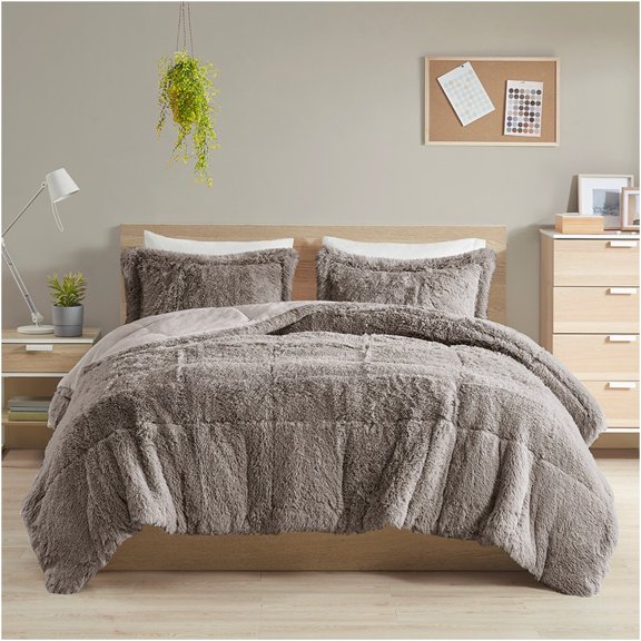 JERFIT Grey Shaggy Faux Fur Full Queen Comforter Mini Set with 2 Matching Shams for Bedroom