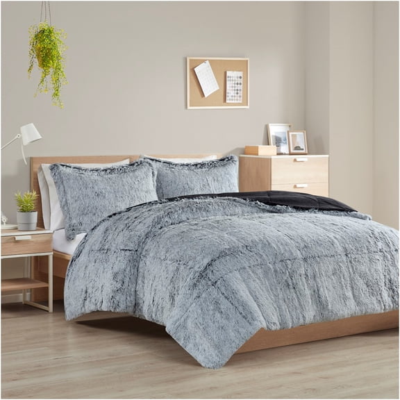 JERFIT Grey Shaggy Long Fur Full Queen Comforter Mini Set for Bedroom Refresh