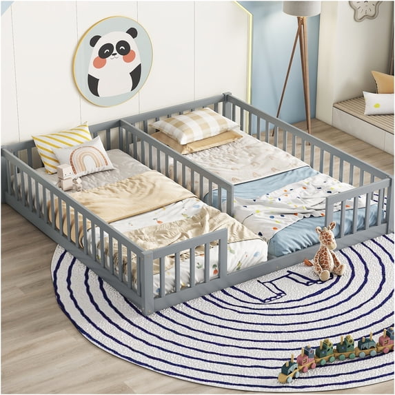JERFIT Grey Twin over Twin Floor Bed Frame with Guardrails, Low Profile Pine Wood Platform Bed, No Box Spring Needed