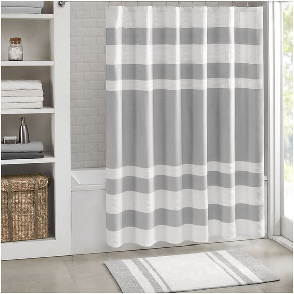 JERFIT Grey Waffle Weave Shower Curtain with 3M Water Repellent Treatment, 108x72 Inch, Textured Polyester Bath Curtain for Spa-Like Decor