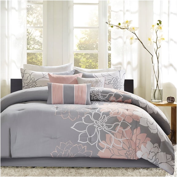 JERFIT Grey and Peach Printed Polyester Comforter Set for Twin and Twin XL Beds
