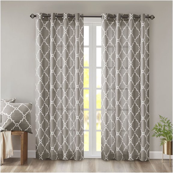 JERFIT Grey and White Fretwork Print Grommet Top Curtain Panel, 50x63 Inch Light Filtering Polyester Blend Window Treatment for Living Room Bedroom