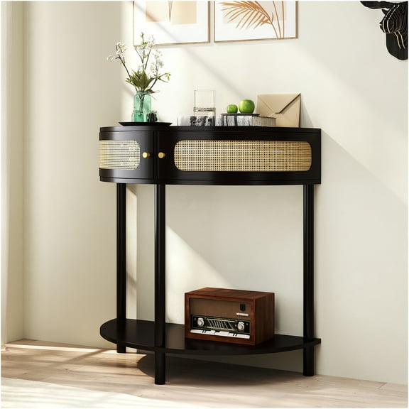 JERFIT Half Moon Console Table with Sliding Rattan Doors, Semi-Circle Sofa Side Table with 2 Storage Cabinets & Bottom Shelf for Entryway, Living Room, Bedroom, Study, Hallway in Black