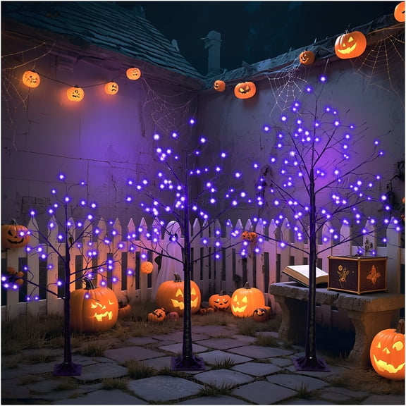 JERFIT Halloween LED Lighted Tree Set, 3 Pack 4FT 5FT 6FT Black Spooky Trees with Purple Lights for Indoor Haunted House Decor