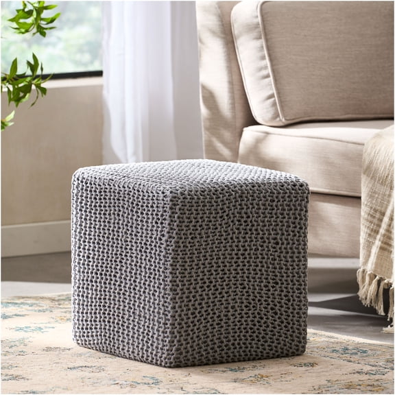 JERFIT Hand-Knitted Cotton Footstool Ottoman, Soft Plush Pouf for Living Room, Accent Stool for Bedroom, Light Grey