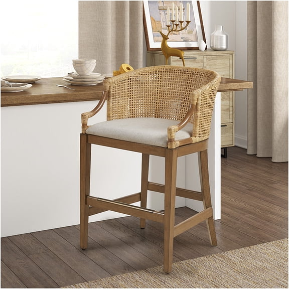 JERFIT Handcrafted Natural Rattan Counter Stool with Cushioned Seat, Solid Wood Frame, Boho Chic Kitchen Dining Chair for Counter Height Table