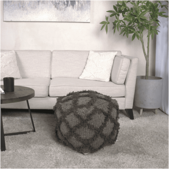 JERFIT Handcrafted Wool Ottoman Pouf, Square Footstool for Living Room, Brown Accent Stool with Bead Filling