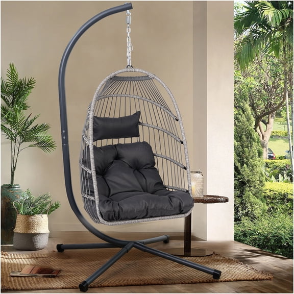 JERFIT Hanging Egg Chair with Stand, 350lb Capacity PE Wicker Swing Chair for Indoor Outdoor Use, Waterproof Patio Hanging Chair with Gray Cushion