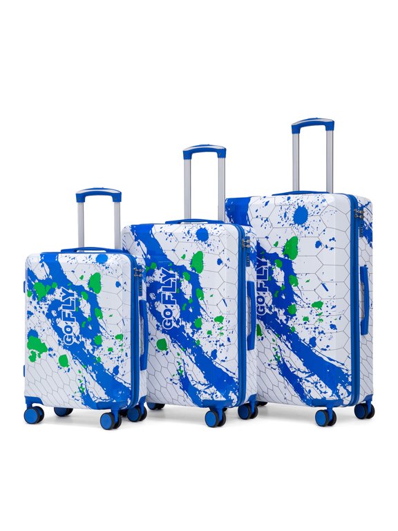 Hardside Luggage Set, 20/24/28 Inch 3-Piece PC Spinner Suitcase with Printed Pattern, Blue