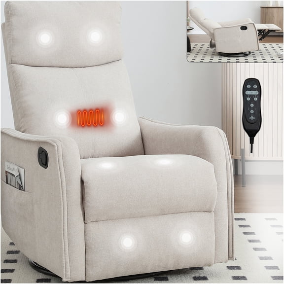 JERFIT Heated Massage Recliner Chair with Swivel Rocker, 8 Vibration Nodes & Lumbar Heat, Fabric Upholstery for Living Room, Beige