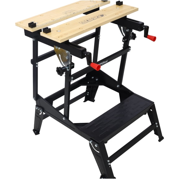 JERFIT Heavy Duty Folding Workbench with Clamping Vise, Portable Woodworking Bench for DIY Projects, Sawing & Repair, Black Steel Table