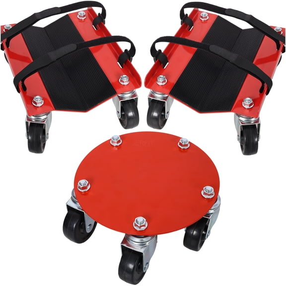 JERFIT Heavy Duty Snowmobile Dolly with 2.5" Swivel Casters, 1500LBS Capacity, Red Powder Coated Steel Frame, V-Slide Design & Tie-Down Straps