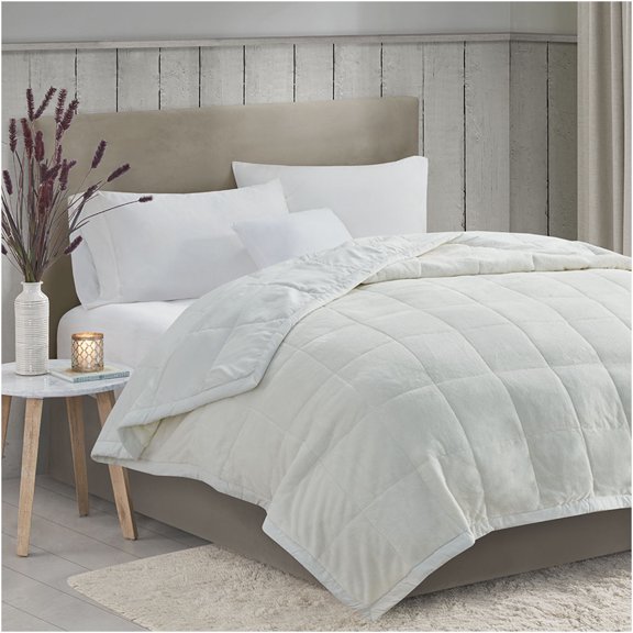 JERFIT HeiQ Smart Temp Control Reversible All Season Blanket, Ivory Plush & Microfiber Down Alternative, Queen Size 90x90 Inches