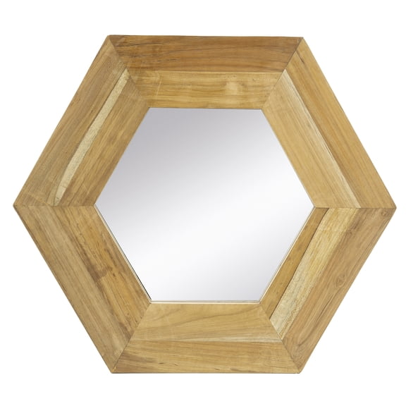 JERFIT Hexagon Wood Wall Mirror 18.5 Inch, Natural Teak Finish Decorative Accent Mirror for Living Room, Bathroom, Hallway