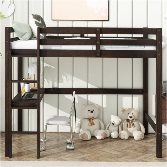 JERFIT Twin Size Loft Bed with Desk, Espresso Wood Study Loft Bed Frame with Guardrail & Ladder, Space Saving Design