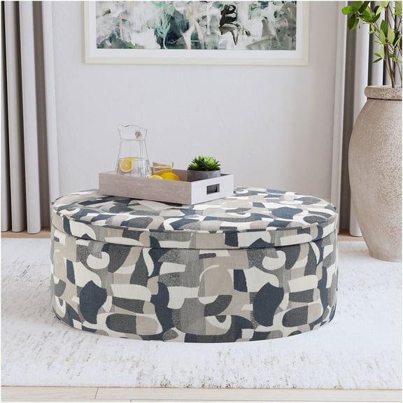 JERFIT Indigo Blue Storage Ottoman Bench with Removable Top, Upholstered Fabric Oval Footstool for Living Room, Bedroom