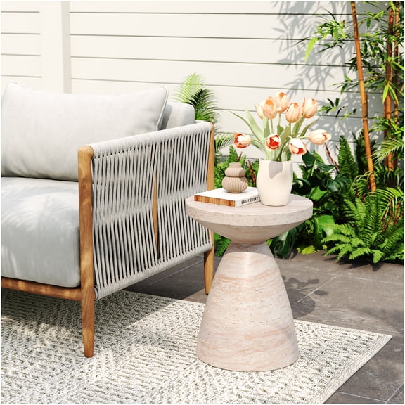 JERFIT Indoor Outdoor Concrete End Table, Lightweight Beige Accent Table with Travertine Finish for Patio, Garden, Living Room